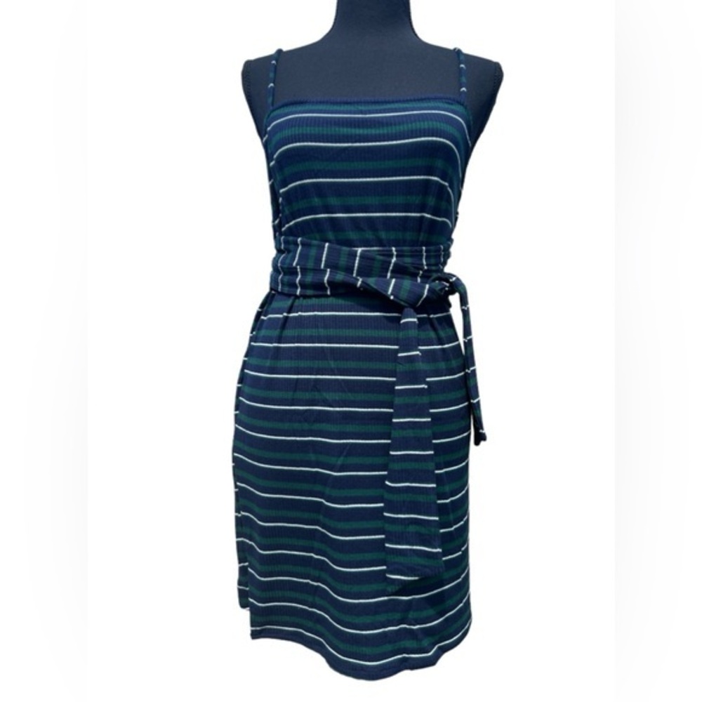 Olivaceous faux wrap dress spaghetti straps ribbed stripped navy‎ green medium